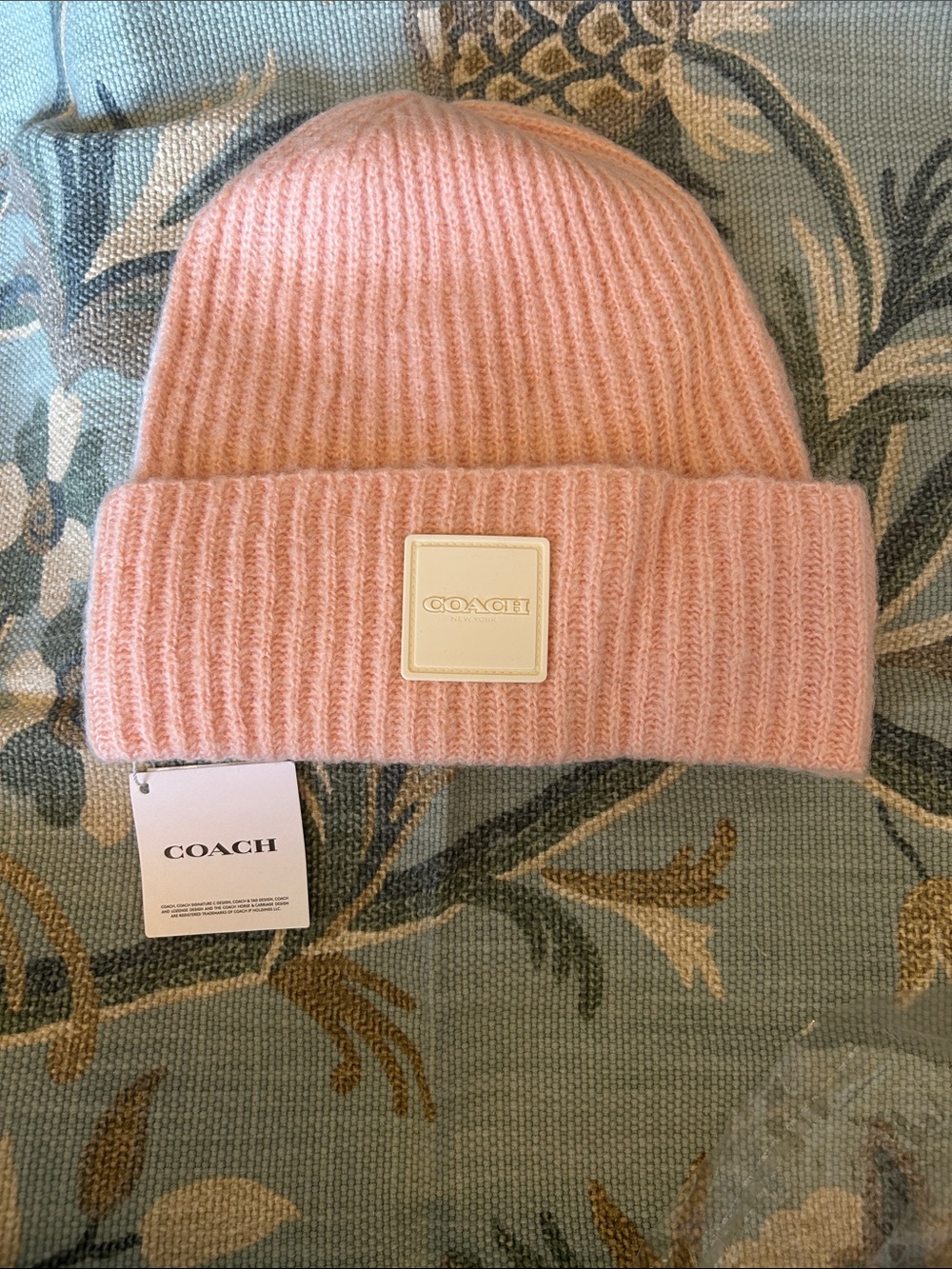 NWT-Genuine COACH Pink/Chalk Ribbed Knit Beanie with Logo Patch